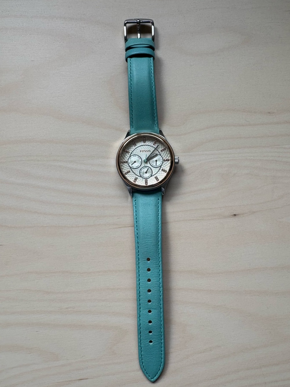 Fossil Women’s Two-Tone Silver Gold Watch Teal Leather Strap Chronograph Analog